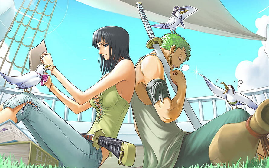 Roronoa Zoro and Nico Robin Relaxing on a Ship Deck with Seagulls in One Piece HD wallpaper