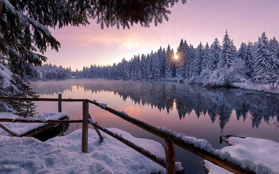 Serene Winter Lake at Sunrise with Snowy Pine Forest and Wooden Dock HD wallpaper