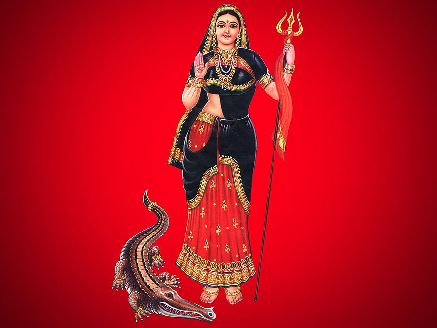 Khodiyar Maa Traditional Indian Deity Illustration with Crocodile and Trident HD wallpaper