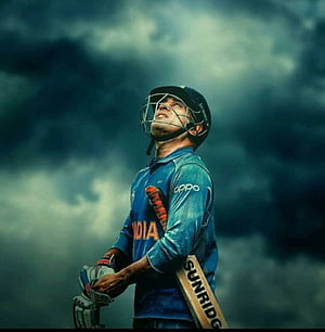 MS Dhoni in India Cricket Jersey Holding Bat Under Dramatic Stormy Sky HD phone wallpaper