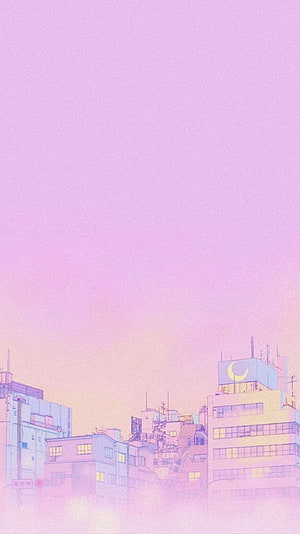 Pastel Pink Anime Cityscape with Crescent Moon Sign at Dusk HD phone wallpaper
