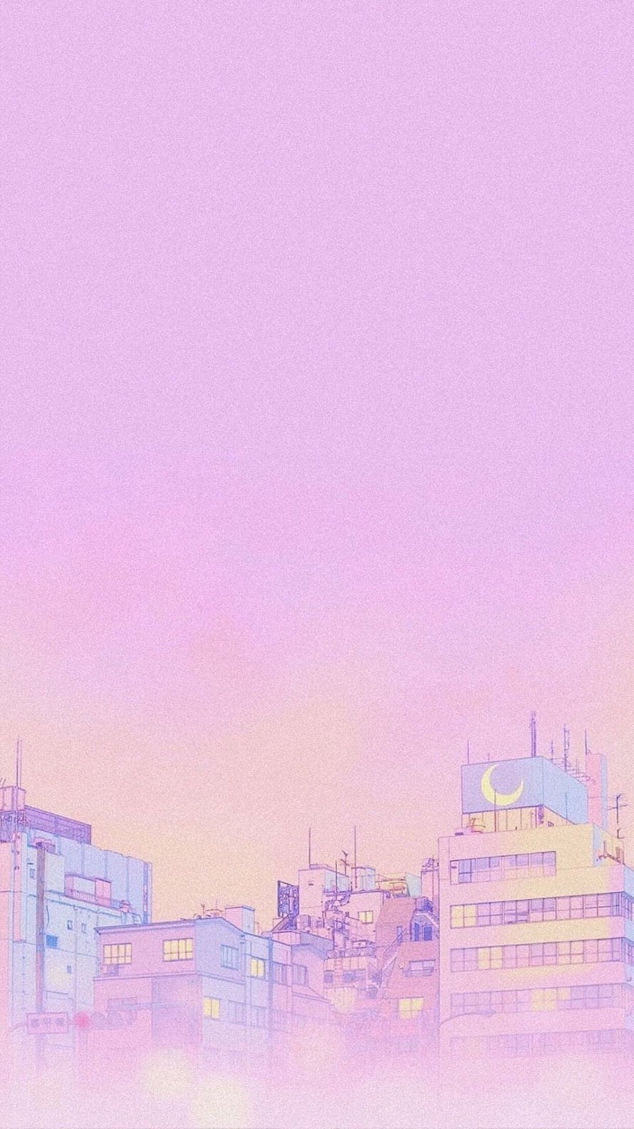 Pastel Pink Anime Cityscape with Crescent Moon Sign at Dusk HD phone wallpaper