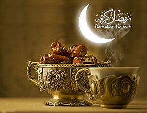 Ramadan Kareem Greeting with Crescent Moon, Dates, and Traditional Tea HD wallpaper
