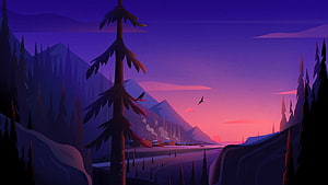 Stylized Mountain Valley at Dusk with Pine Trees and Small Village HD wallpaper