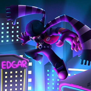 Edgar from Brawl Stars leaping through a neon-lit cityscape with glowing purple and blue lights HD phone wallpaper