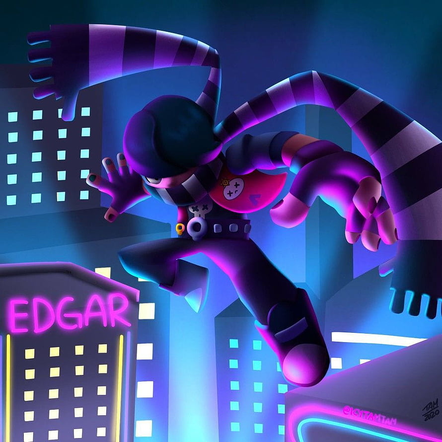 Edgar from Brawl Stars leaping through a neon-lit cityscape with glowing purple and blue lights HD phone wallpaper