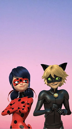 Miraculous Ladybug and Cat Noir standing together in a soft pastel gradient background HD phone wallpaper