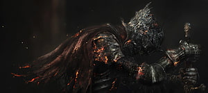 Dark Souls III Knight in Burning Armor with Tattered Cloak and Sword HD wallpaper