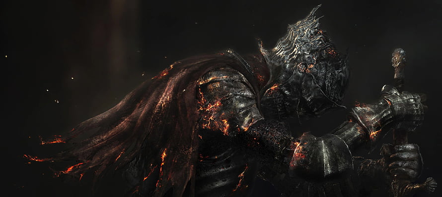 Dark Souls III Knight in Burning Armor with Tattered Cloak and Sword HD wallpaper