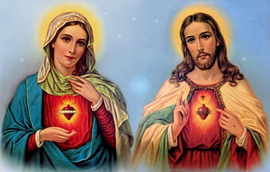 Sacred Heart of Jesus and Mary Religious Painting with Halos and Divine Light HD wallpaper