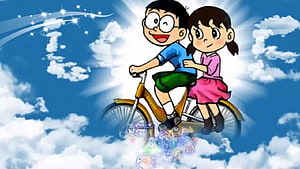 Nobita and Shizuka Riding a Bicycle Through Clouds in Doraemon Anime Art HD wallpaper
