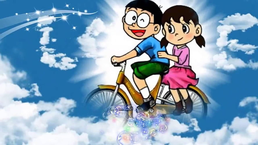 Nobita and Shizuka Riding a Bicycle Through Clouds in Doraemon Anime Art HD wallpaper
