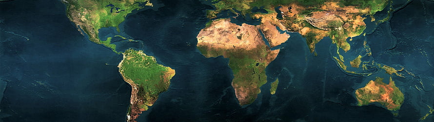 Ultra-wide panoramic satellite view of Earth showing continents and oceans in vivid natural color HD wallpaper