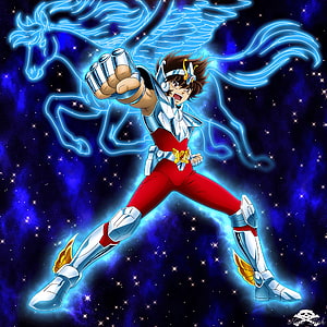 Pegasus Seiya from Saint Seiya in dynamic action pose with glowing Pegasus constellation HD phone wallpaper
