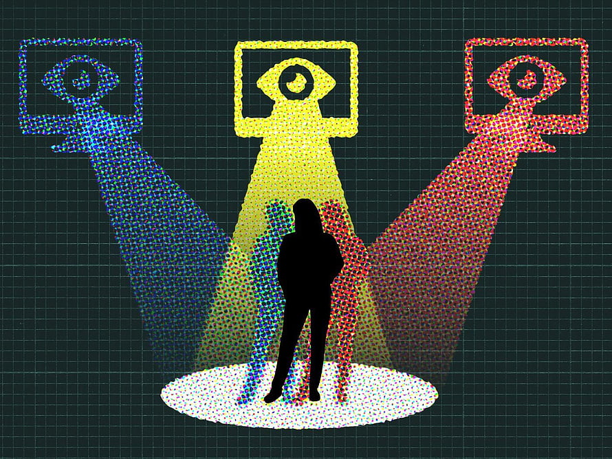 Silhouette Under Three Spotlights With Eye Icons on Dark Grid Background HD wallpaper