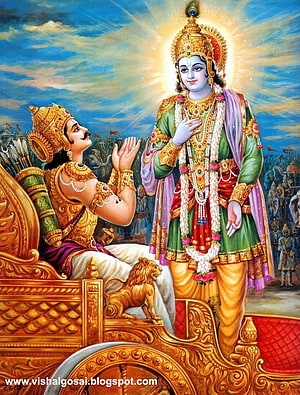Lord Krishna and Arjuna Divine Encounter on a Golden Chariot HD phone wallpaper
