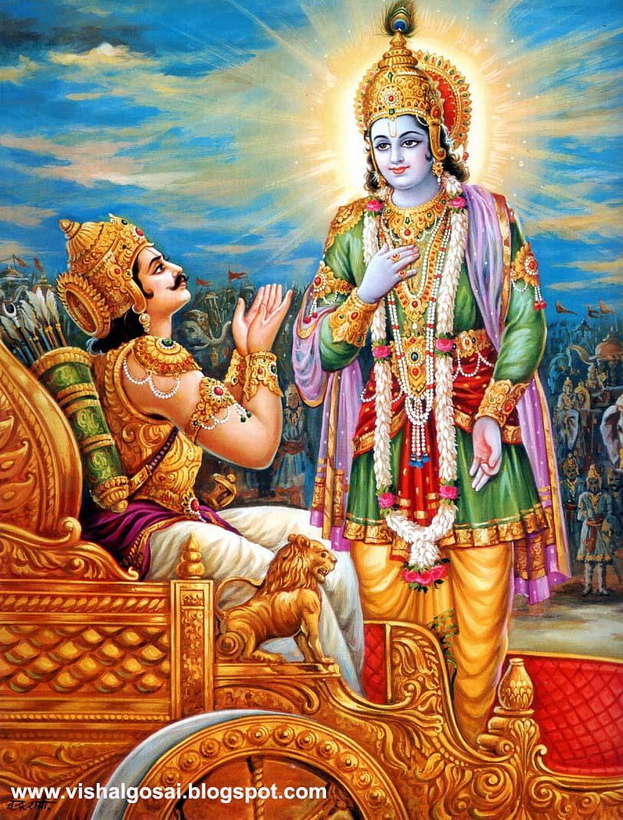 Lord Krishna and Arjuna Divine Encounter on a Golden Chariot HD phone wallpaper