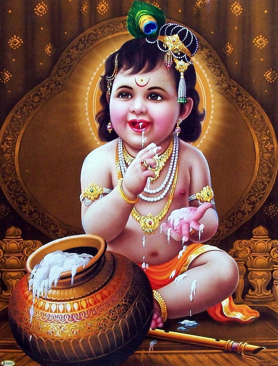Baby Krishna Eating Butter from a Pot with Peacock Feather Crown and Flute HD phone wallpaper