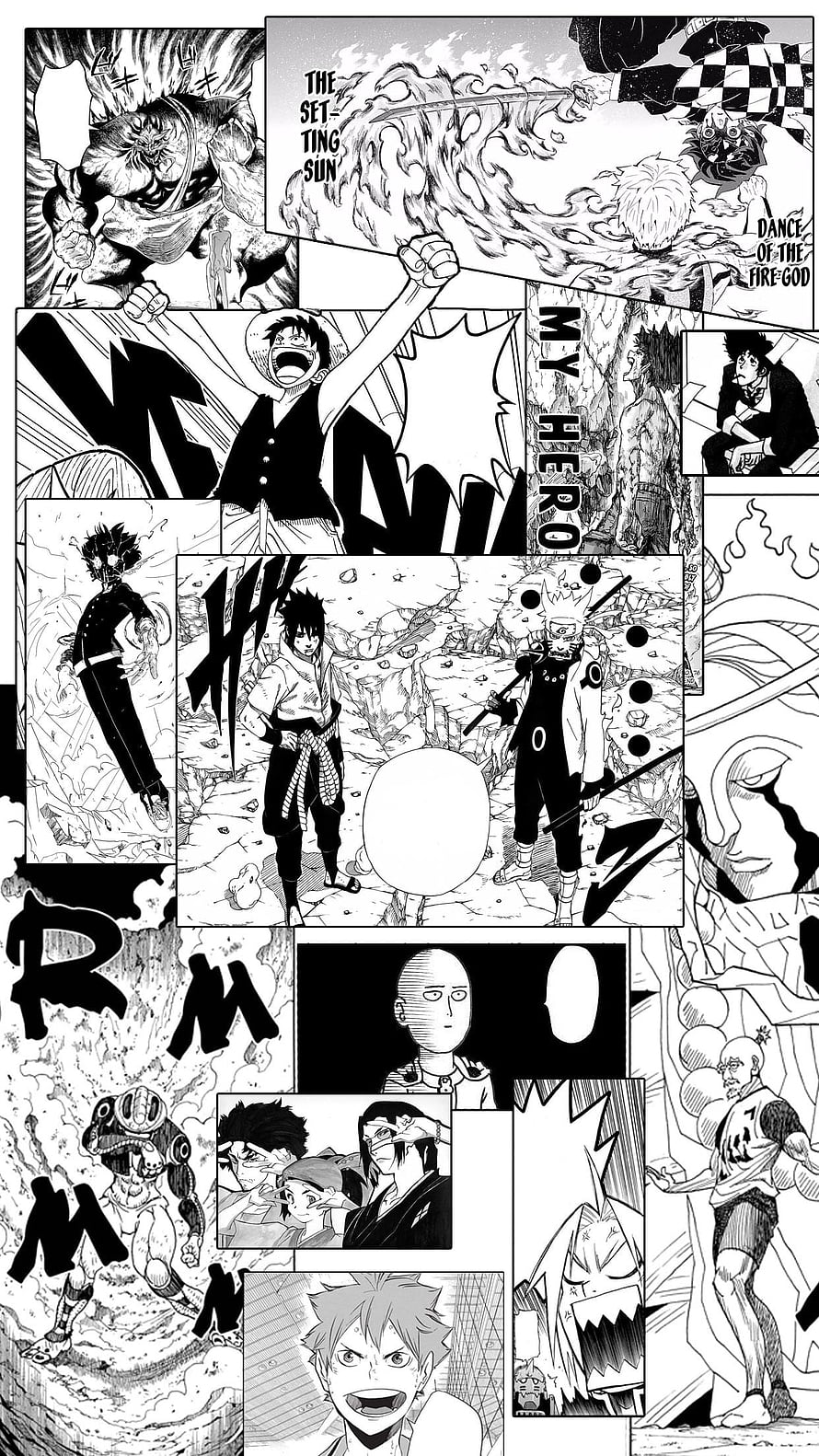 Black and White Manga Panel Collage Featuring Action Scenes and Character Portraits HD phone wallpaper