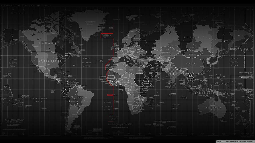 Dark World Time Zone Map with Red Prime Meridian Line and Country Borders HD wallpaper