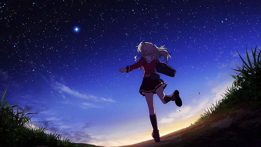 Charlotte Anime Girl Running Under a Starry Night Sky HD wallpaper