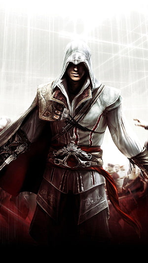 Ezio Auditore in White Hooded Assassin Robes with Ornate Belt and Hidden Blade HD phone wallpaper