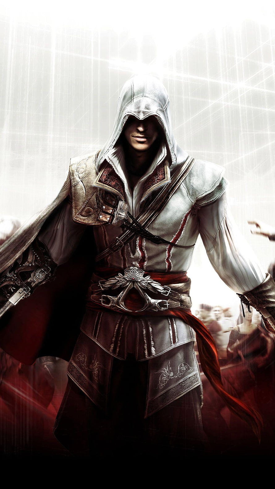 Ezio Auditore in White Hooded Assassin Robes with Ornate Belt and Hidden Blade HD phone wallpaper