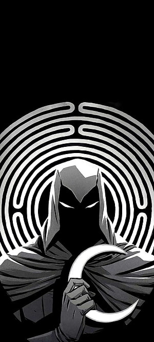 Moon Knight holding crescent moon in black and white comic style with concentric maze pattern background HD phone wallpaper