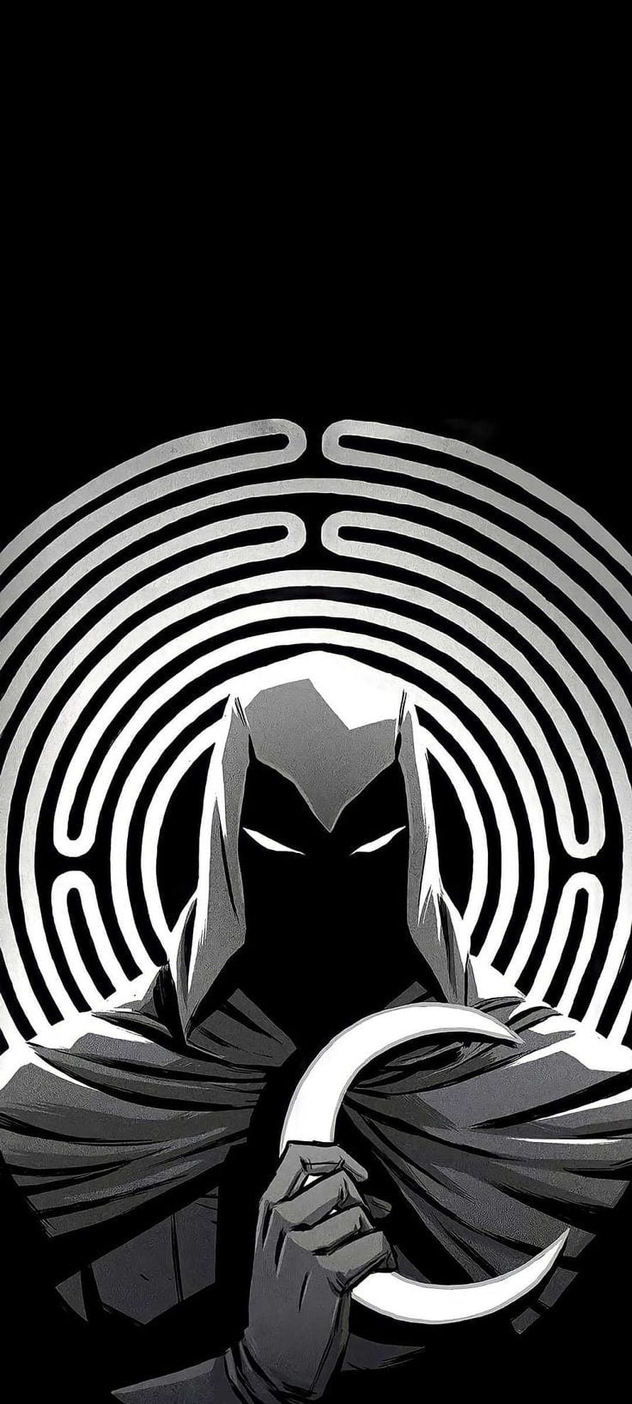 Moon Knight holding crescent moon in black and white comic style with concentric maze pattern background HD phone wallpaper
