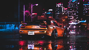 Rusty Mazda RX-7 FD3S JDM Car Parked on Wet City Street at Night HD wallpaper