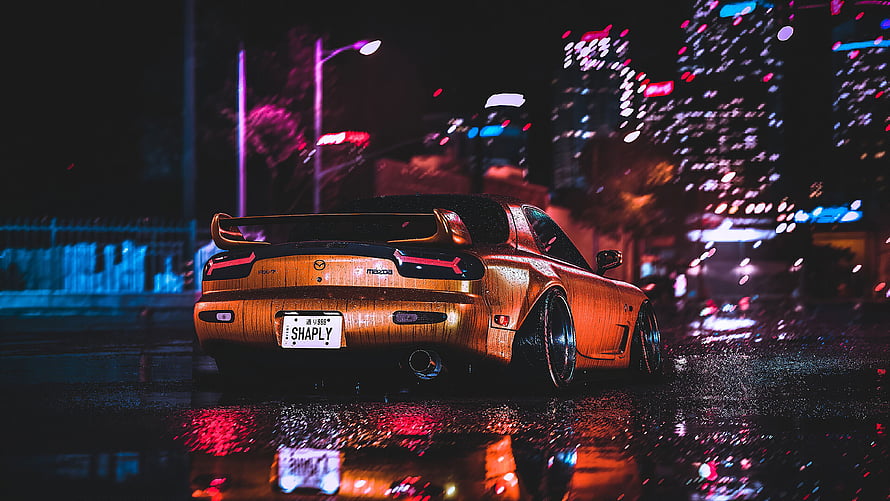 Rusty Mazda RX-7 FD3S JDM Car Parked on Wet City Street at Night HD wallpaper