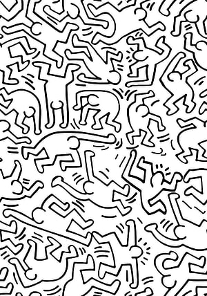 Keith Haring Black and White Line Art Pattern with Dancing Figures and Animals HD phone wallpaper