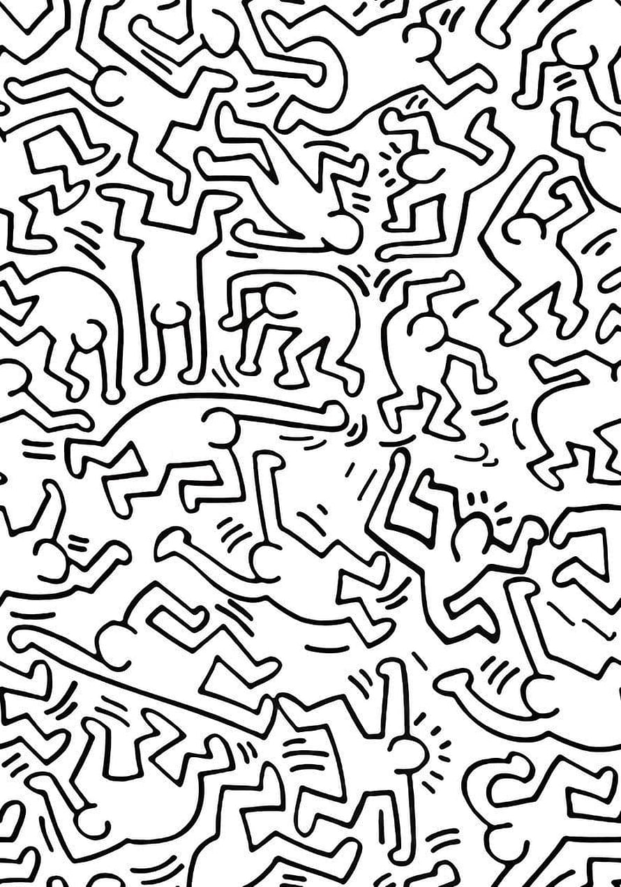 Keith Haring Black and White Line Art Pattern with Dancing Figures and Animals HD phone wallpaper