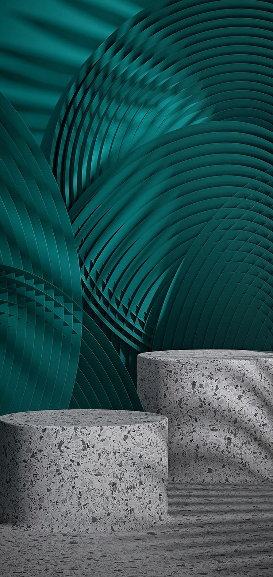 Teal Abstract 3D Curved Architecture with Concrete Pedestals and Dappled Shadows HD phone wallpaper
