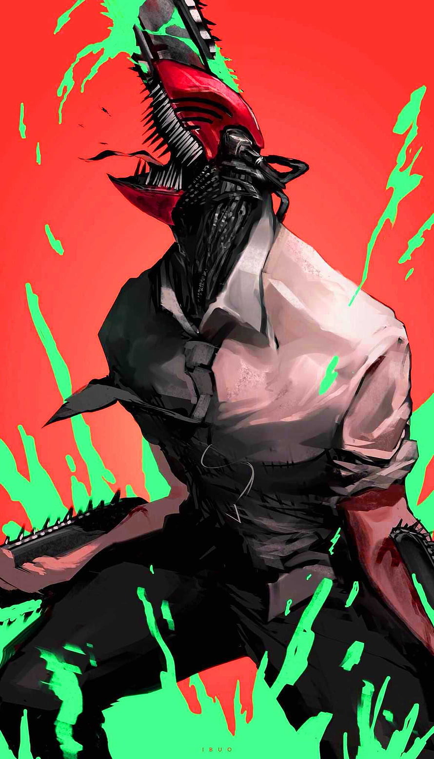 Chainsaw Man Denji Artwork with Red and Green Splatter on Orange Background HD phone wallpaper