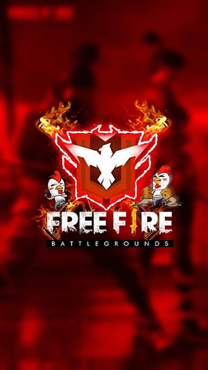 Free Fire Battlegrounds flaming logo with cartoon roosters on a dark red background HD phone wallpaper