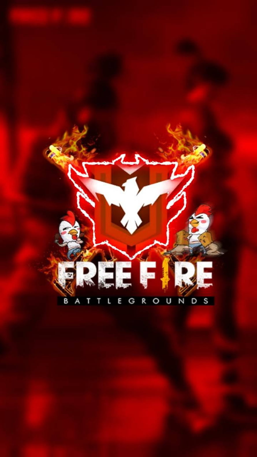 Free Fire Battlegrounds flaming logo with cartoon roosters on a dark red background HD phone wallpaper