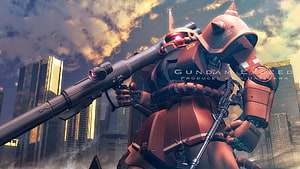 Gundam Exceed Zaku II Mobile Suit with Beam Rifle in Urban Battlefield HD wallpaper