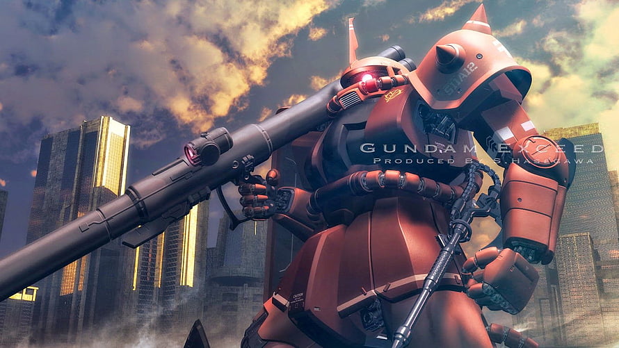 Gundam Exceed Zaku II Mobile Suit with Beam Rifle in Urban Battlefield HD wallpaper