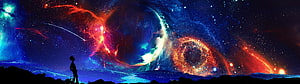 Silhouette of a person gazing at a vibrant nebula and glowing planet in deep space HD wallpaper