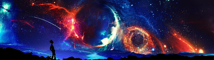 Silhouette of a person gazing at a vibrant nebula and glowing planet in deep space HD wallpaper