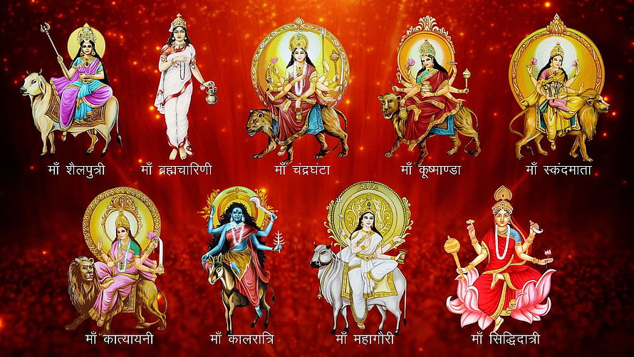 Nav Durga: Nine Forms of Goddess Durga in Traditional Indian Art HD wallpaper