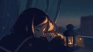 Melancholic Anime Girl Resting by Candlelight in Rainy Night Scene HD wallpaper
