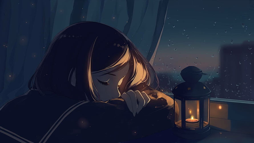 Melancholic Anime Girl Resting by Candlelight in Rainy Night Scene HD wallpaper