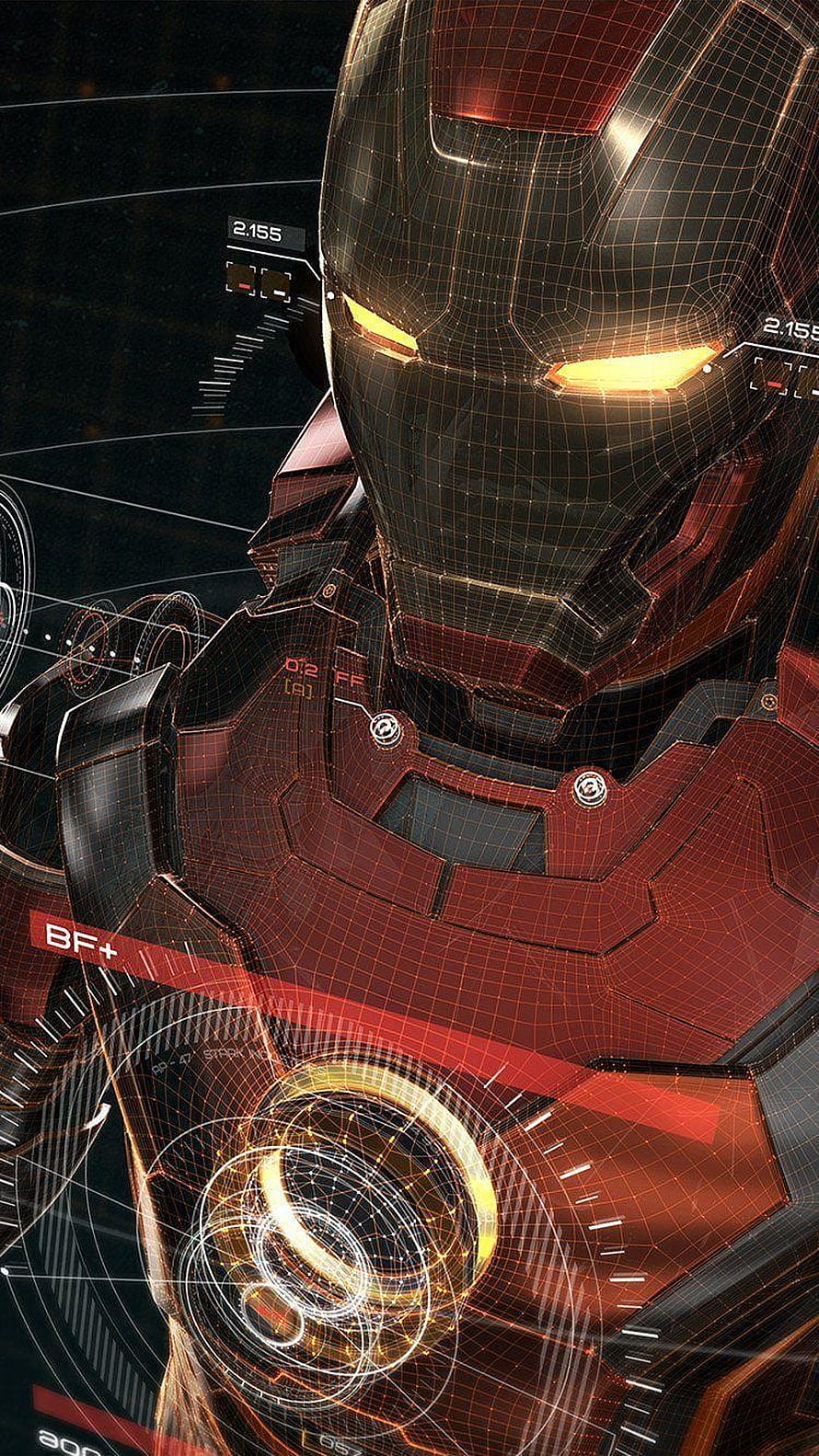 Iron Man 3D Wireframe Armor with Glowing Arc Reactor and HUD Interface HD phone wallpaper