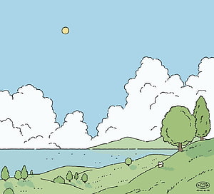 Aube Blue Minimalist Landscape Illustration with Rolling Hills and Lake HD wallpaper
