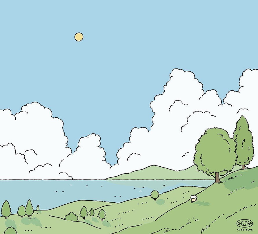Aube Blue Minimalist Landscape Illustration with Rolling Hills and Lake HD wallpaper