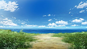 Serene Anime Coastal Landscape With Lush Green Grass And Vast Blue Ocean Under A Bright Sky HD wallpaper