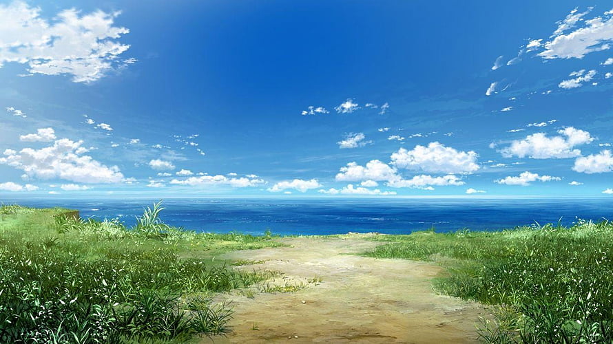 Serene Anime Coastal Landscape With Lush Green Grass And Vast Blue Ocean Under A Bright Sky HD wallpaper