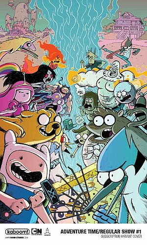 Adventure Time and Regular Show Crossover Comic Cover Art Featuring Finn, Jake, Mordecai, and Rigby HD phone wallpaper